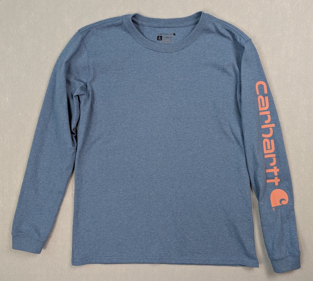Carhartt Women's Long Sleeve Graphic Tee S Small 4-6 Slate Blue/Coral Loose Fit